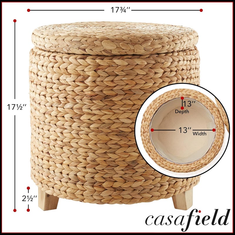 Casafield 17" Round Storage Ottoman with Lid - Natural, Handwoven Water Hyacinth Footstool for Living Room, Bedroom, Bathroom, Home Office - Image 3
